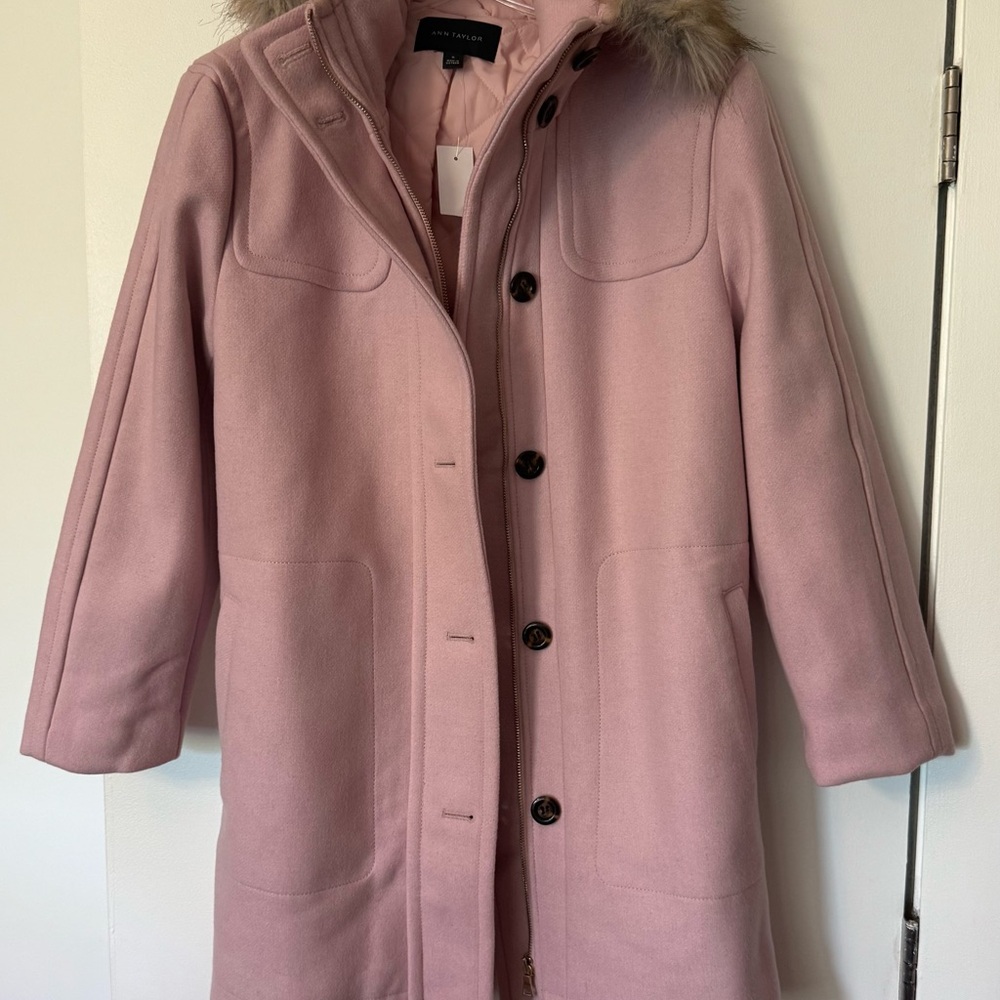 ANN TAYLOR Blush Pink Women's Wool Blend Jacket with Fur Trim (NWT)